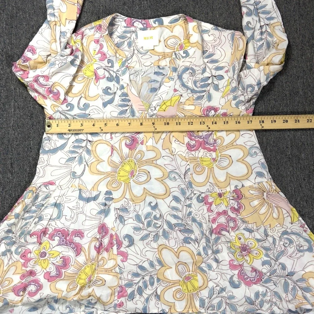 Maeve By Anthropologie Long Sleeve Blouse Women Size 6 V Neck Ivory Floral‎ Boho